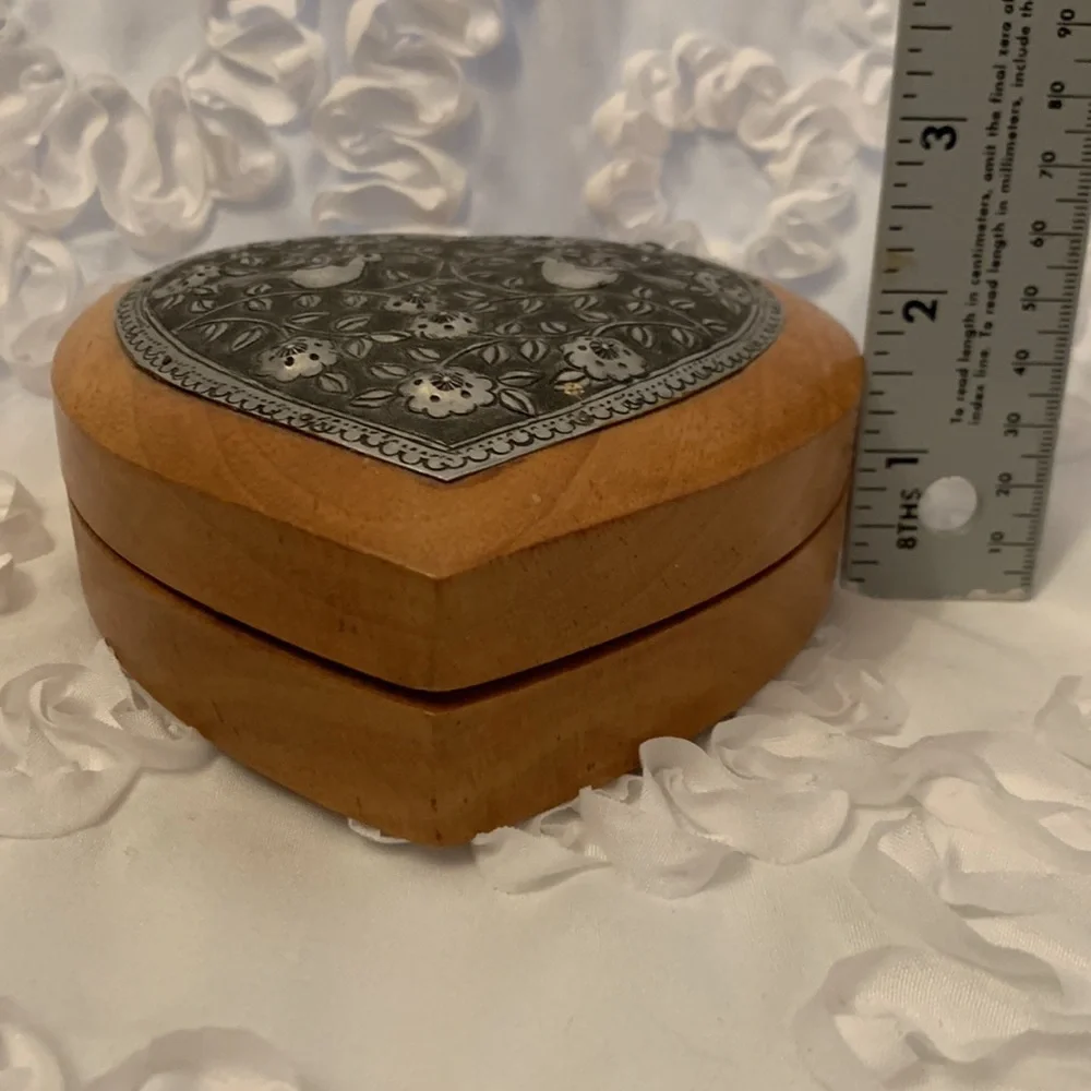 Wooden Vtg Heart Trinket Box Metal Etching Floral with Birds No Hinges Thailand